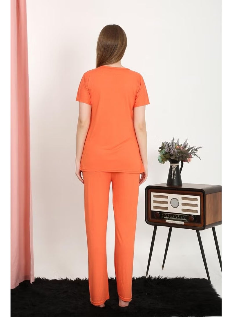 Akbeniz Women's Short Sleeve Cotton Combed Pajama Set Orange 4213 - Image 2